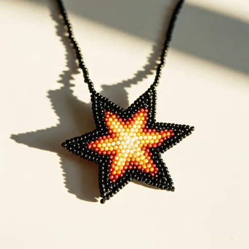 Close up of a vibrant star-shaped beaded necklace
