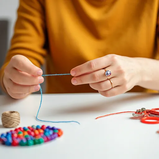 Person making a colorful beaded bracelet